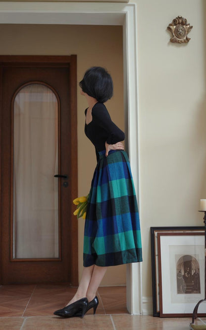 Indigo Green Plaid Retro Umbrella Skirt