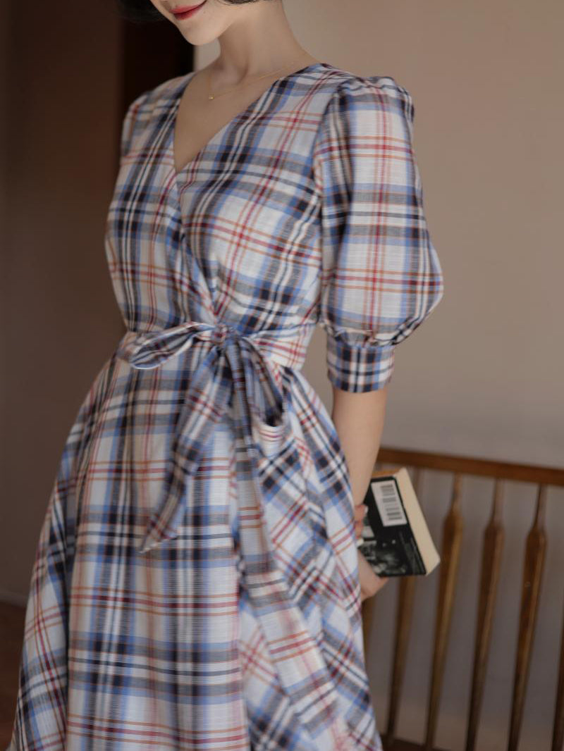 Indigo red plaid retro dress