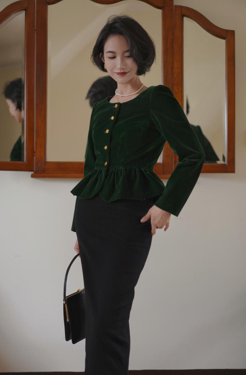 Ink Green Lady Velvet Short Jacket