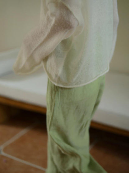 Yellow Light Green Lady Wide Leg Linen Pants