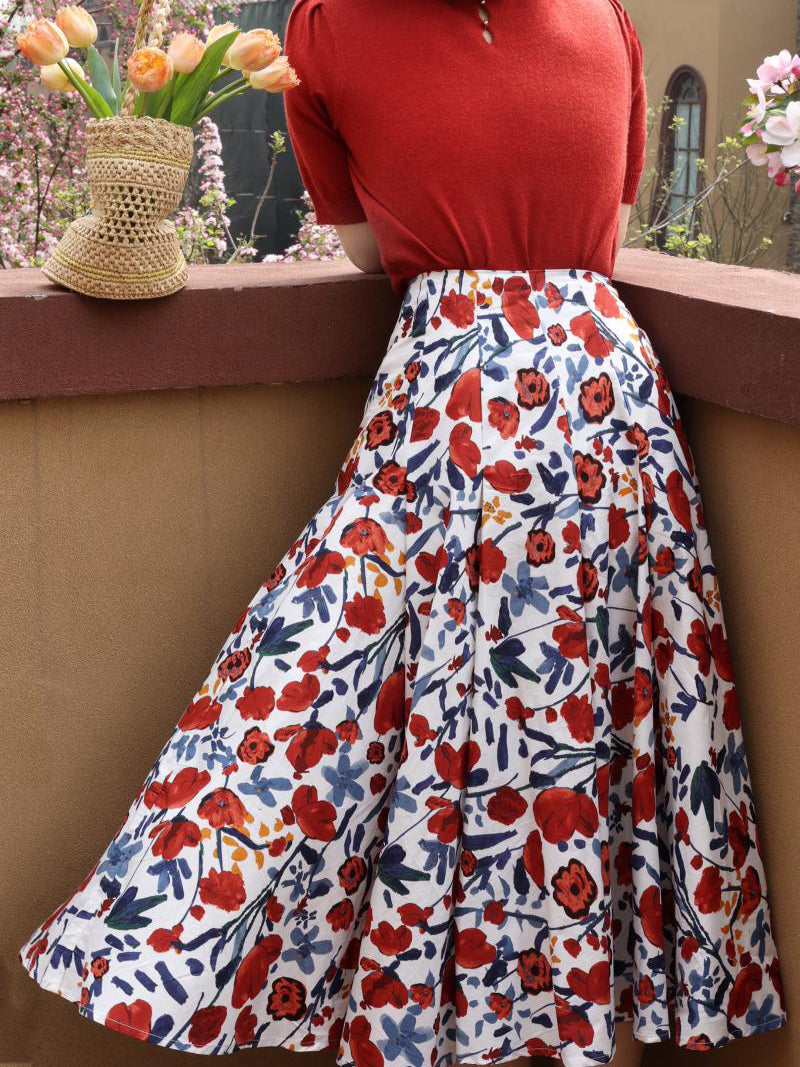 oil painting flower pattern hepburn skirt