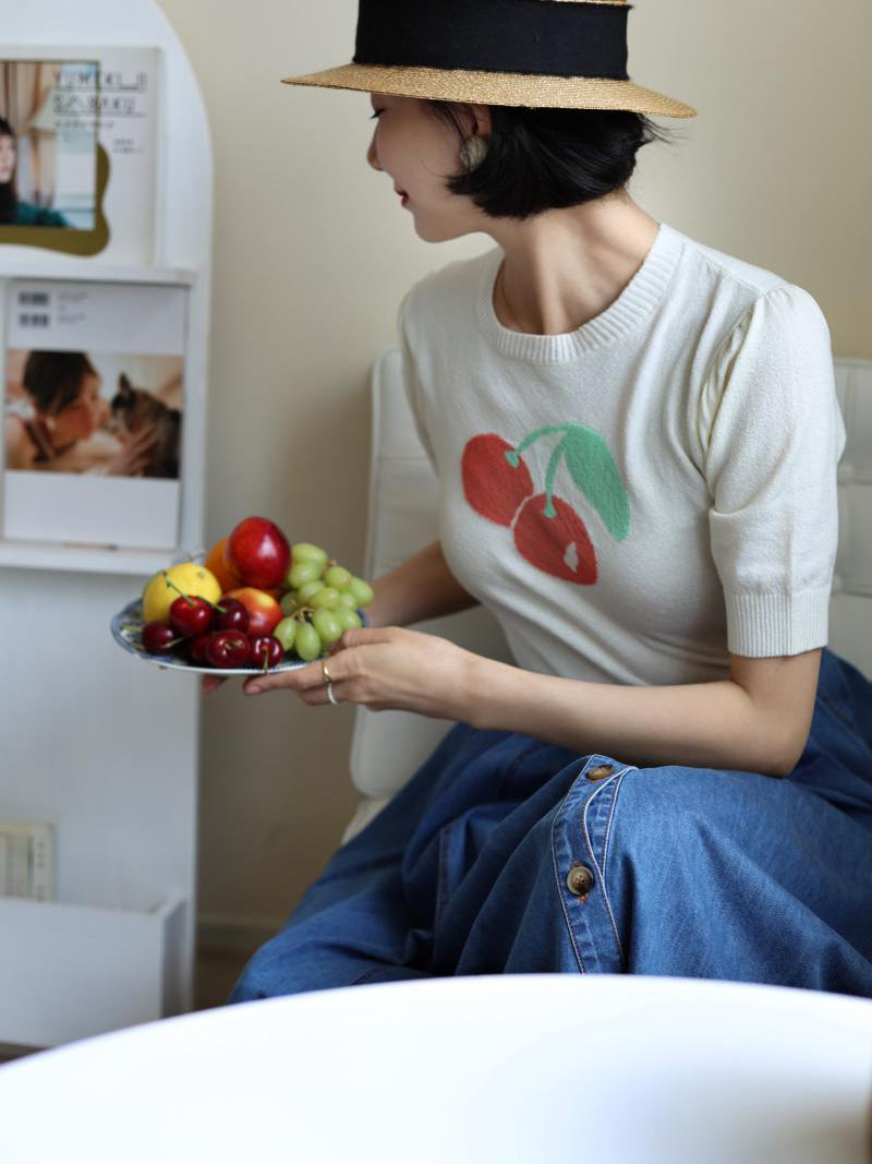 Knitted top with red cherry print