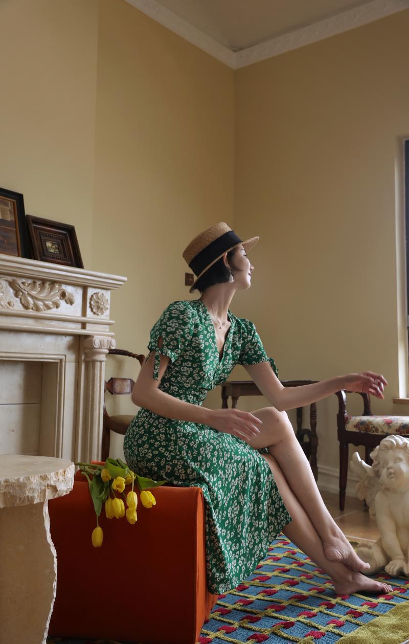 Green Bouquet French Retro Dress