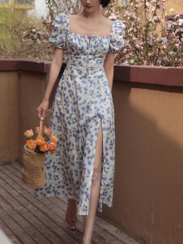 Blue Floral Pattern French Retro Dress