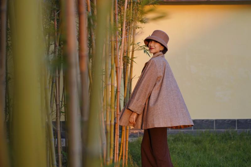 Gray brown lady herringbone wool coat