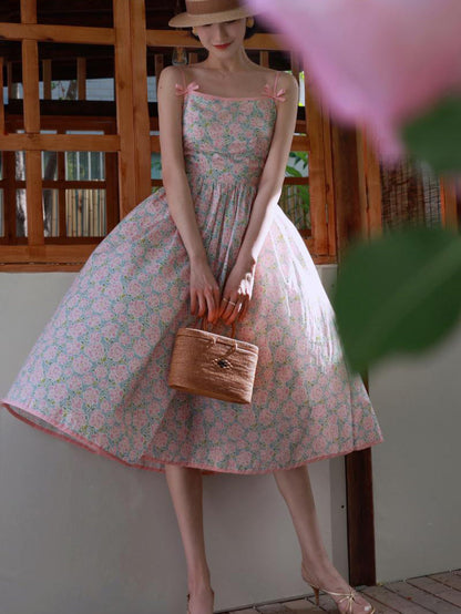 Baby Pink Flower Crowd Retro Camisole Dress