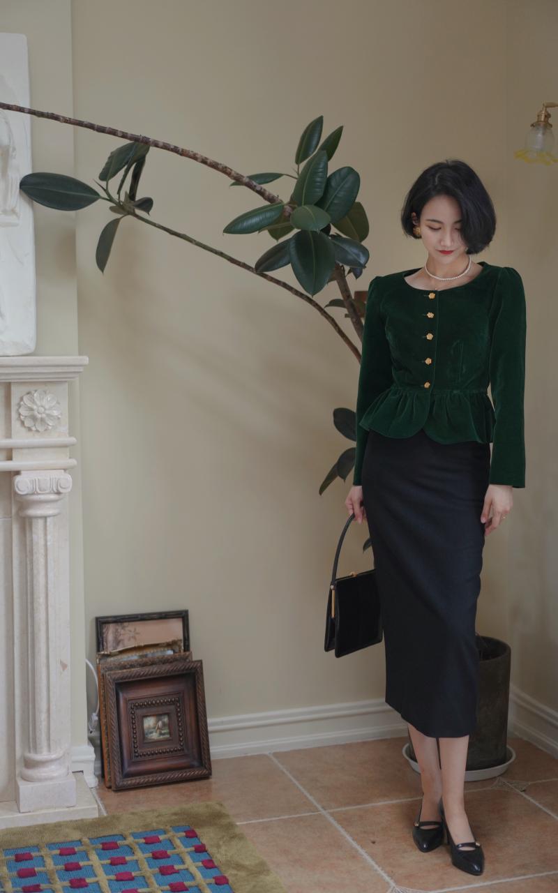 Ink Green Lady Velvet Short Jacket