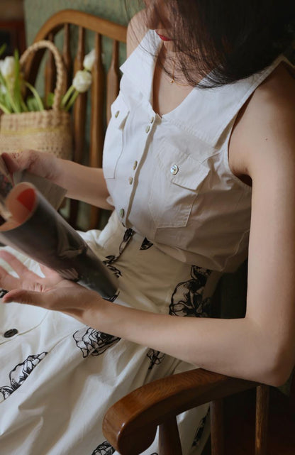 white lady sleeveless blouse