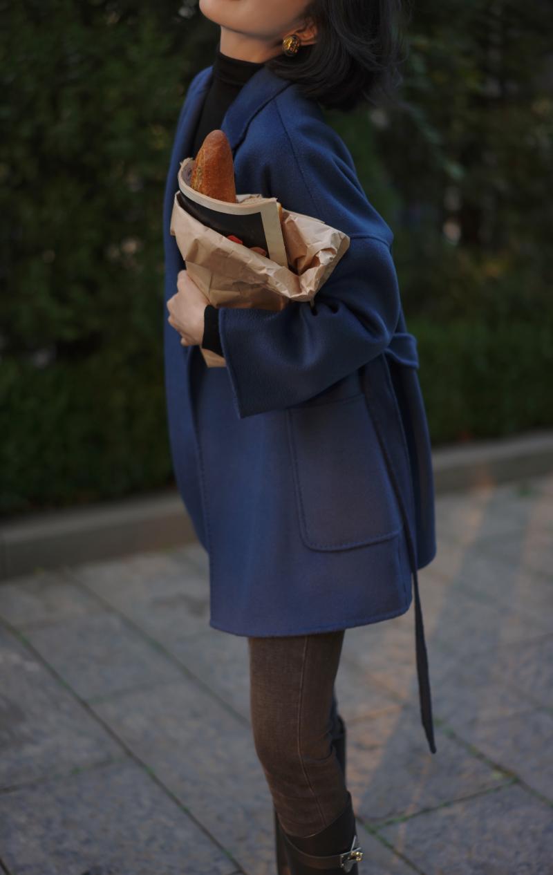 Navy Blue Lady Classical Middle Wool Coat