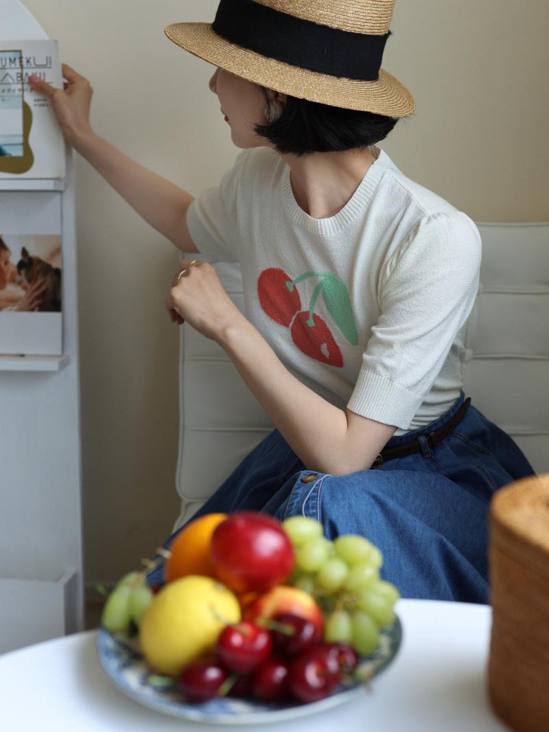 Knitted top with red cherry print