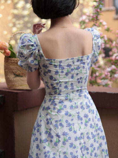 Blue Floral Pattern French Retro Dress