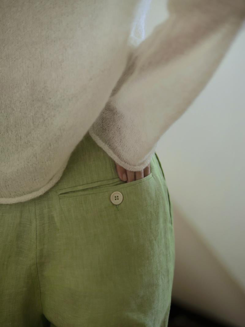 Yellow Light Green Lady Wide Leg Linen Pants