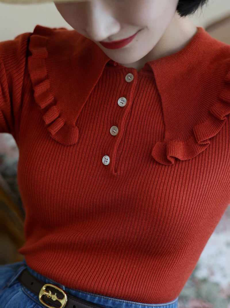 Madder Red Lady's Retro Knit Tops