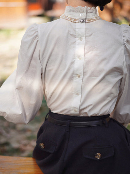 Pure white embroidery high neck blouse