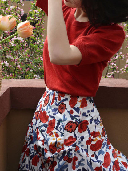 oil painting flower pattern hepburn skirt