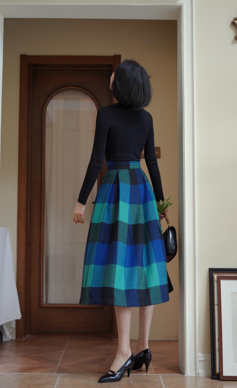 Indigo Green Plaid Retro Umbrella Skirt