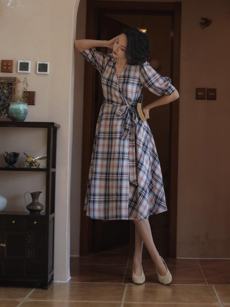 Indigo red plaid retro dress