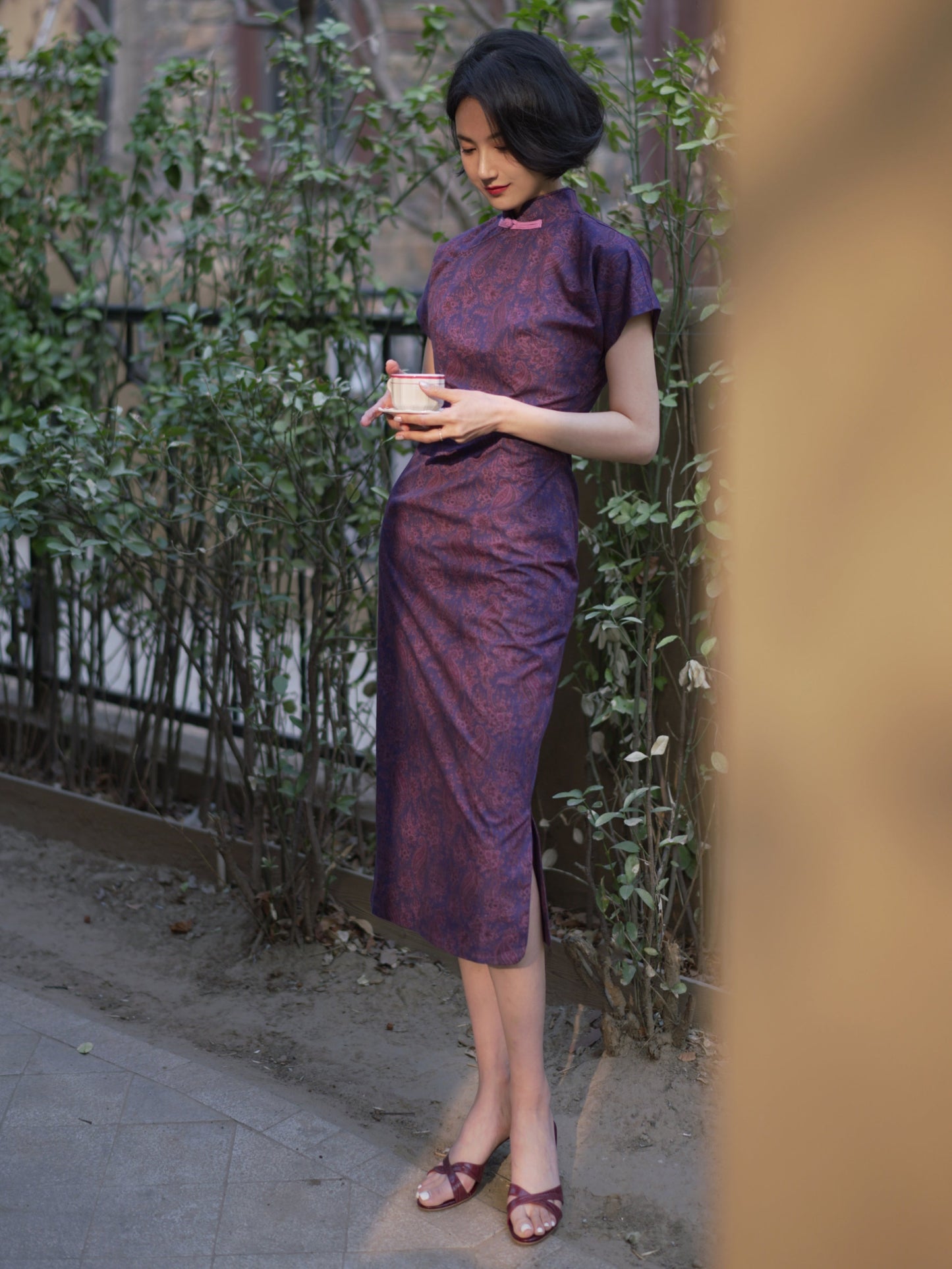 purple floral cheongsam dress