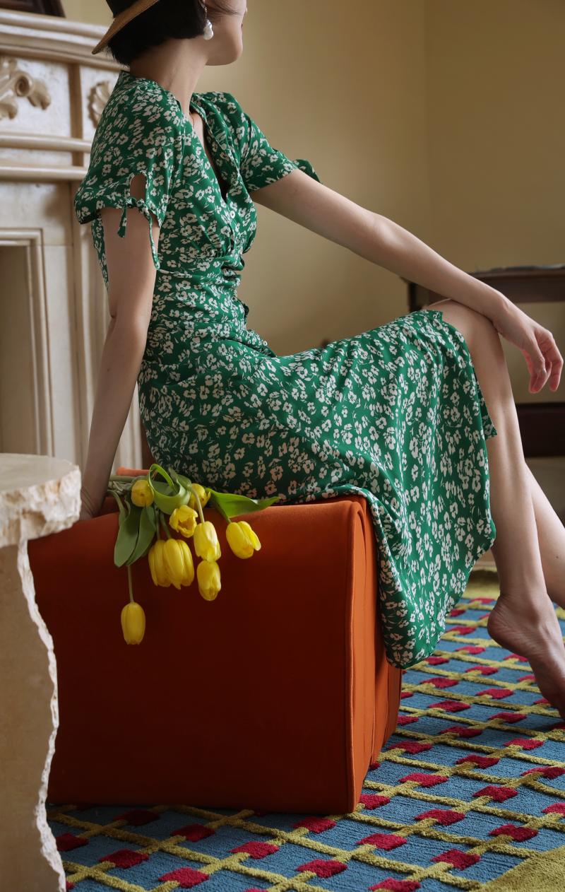 Green Bouquet French Retro Dress