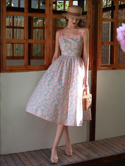 Baby Pink Flower Crowd Retro Camisole Dress