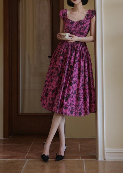 Red bellflower rose pattern Hepburn dress