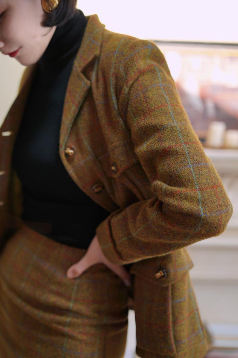 Gray-yellow-green plaid tweed jacket and tweed skirt