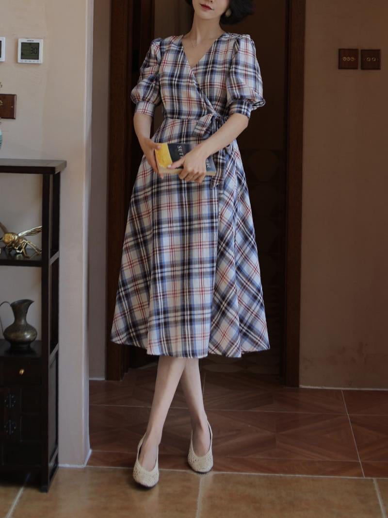 Indigo red plaid retro dress