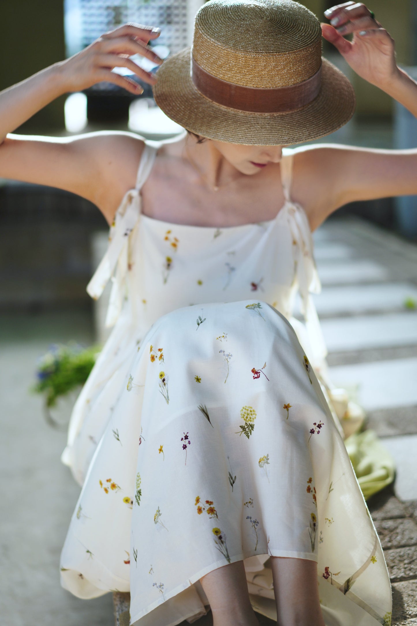 Pressed flower strap long dress