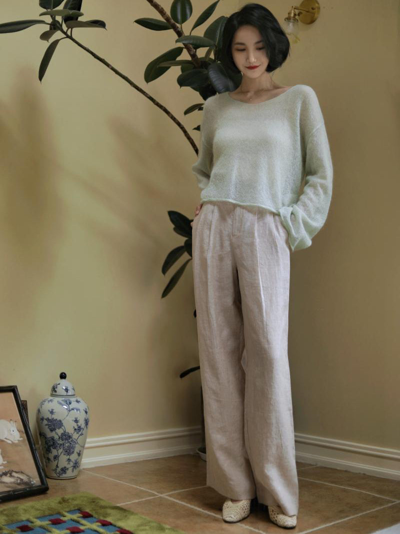 White Brown Lady Wide Leg Linen Pants