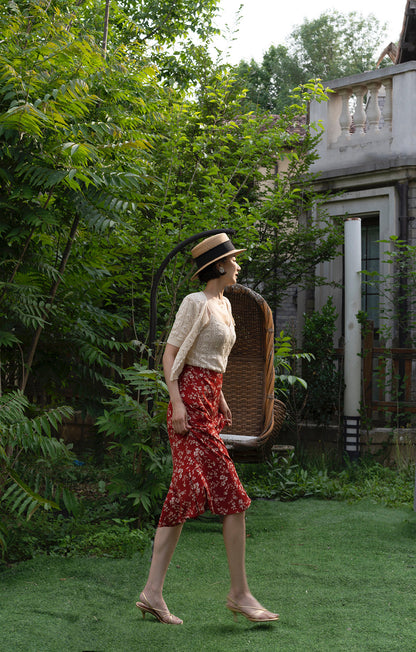 crimson flower retro middle skirt