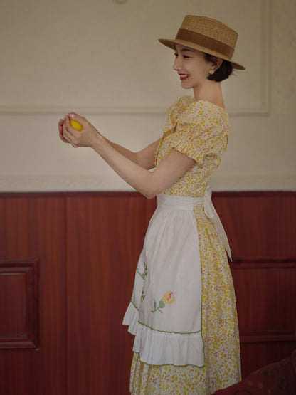 Yellow flower retro dress and embroidered apron