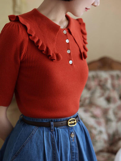 Madder Red Lady's Retro Knit Tops