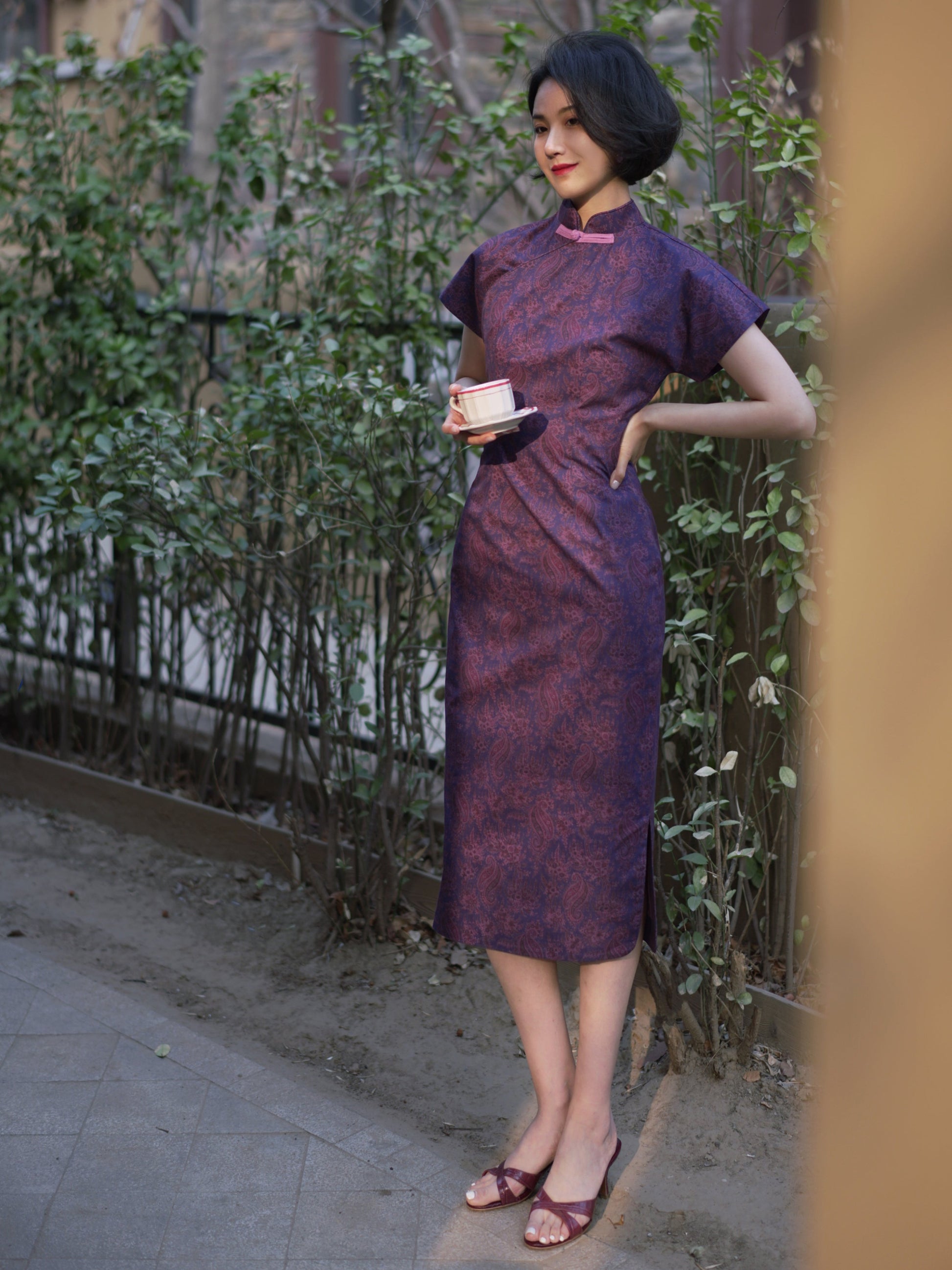 purple floral cheongsam dress