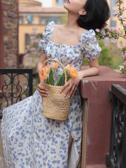 Blue Floral Pattern French Retro Dress