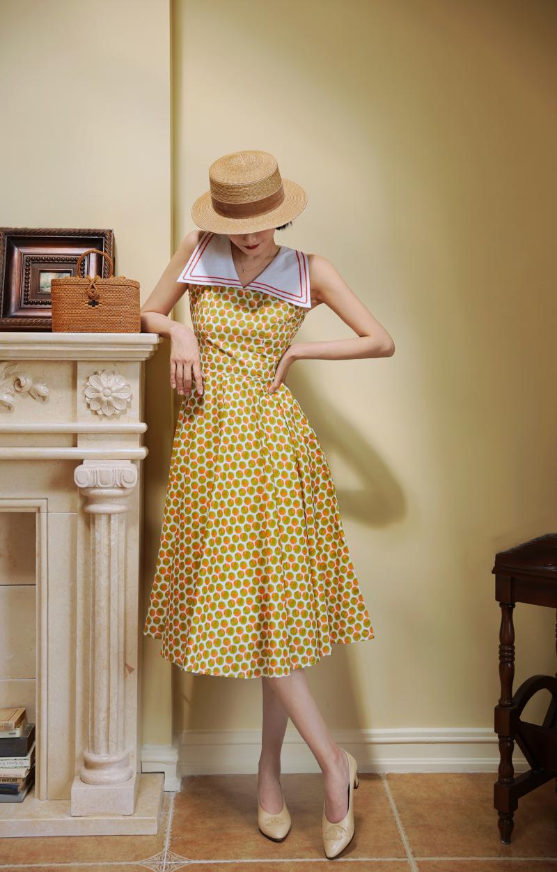 Yellow green orange polka dot pattern classical dress