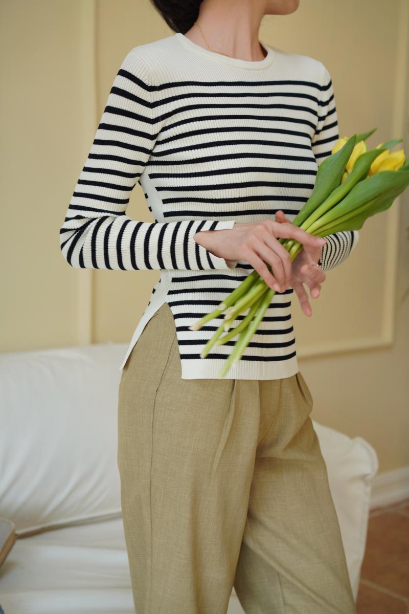 Black and white striped slim knit