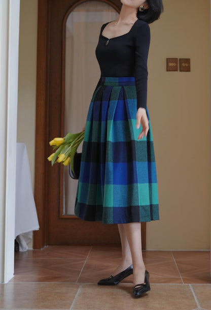 Indigo Green Plaid Retro Umbrella Skirt