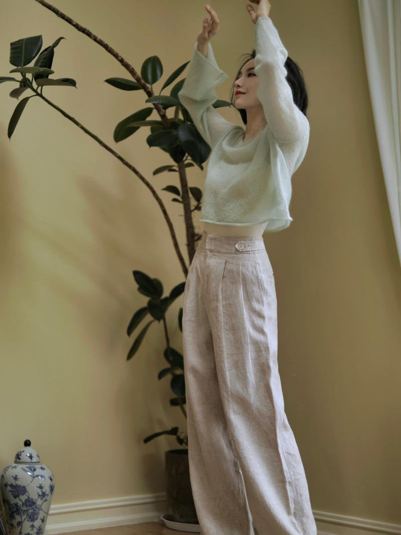 White Brown Lady Wide Leg Linen Pants