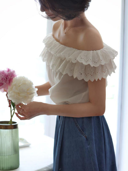 Pure white embroidery off-shoulder blouse