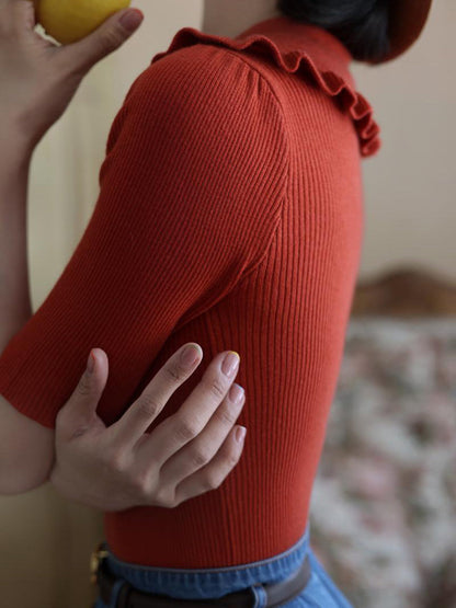 Madder Red Lady's Retro Knit Tops