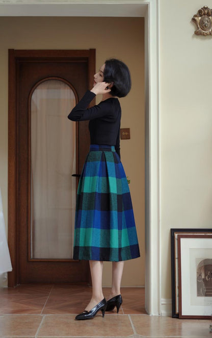 Indigo Green Plaid Retro Umbrella Skirt