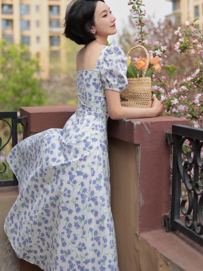 Blue Floral Pattern French Retro Dress