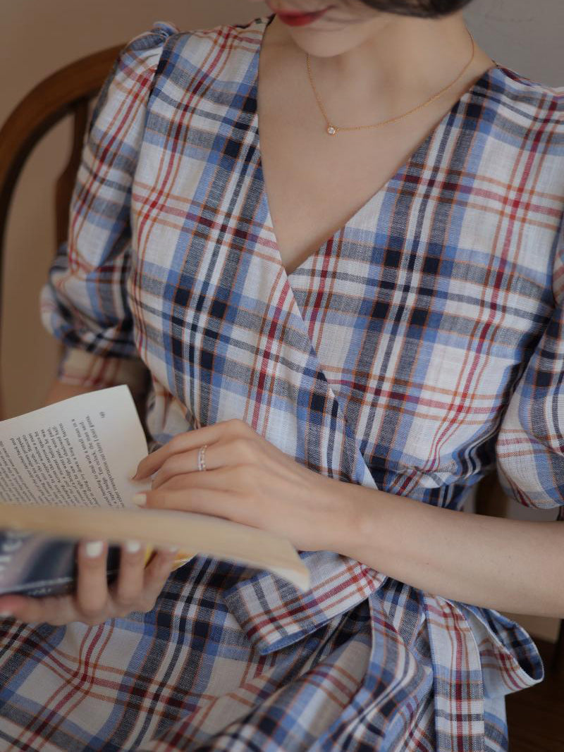 Indigo red plaid retro dress