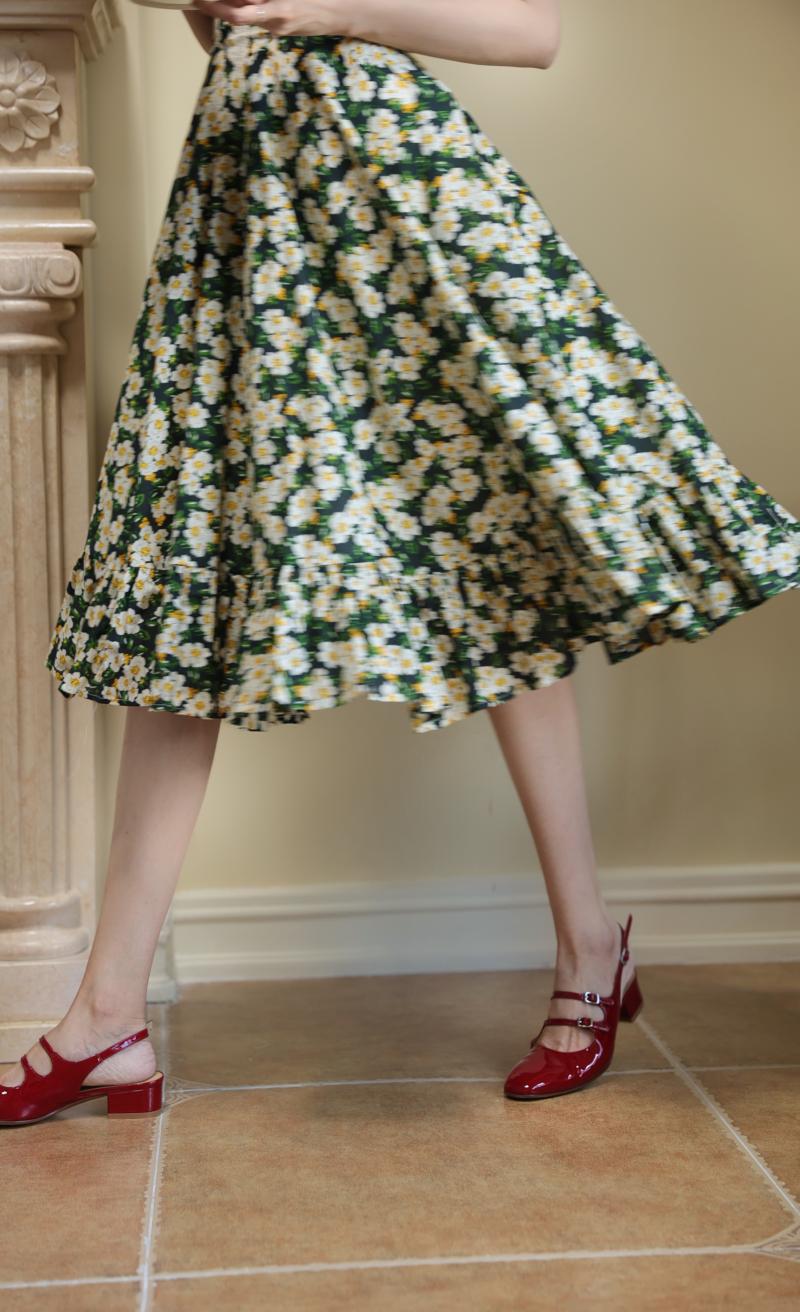 Dark Green Flower Crowd Hepburn Dress