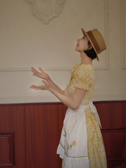 Yellow flower retro dress and embroidered apron