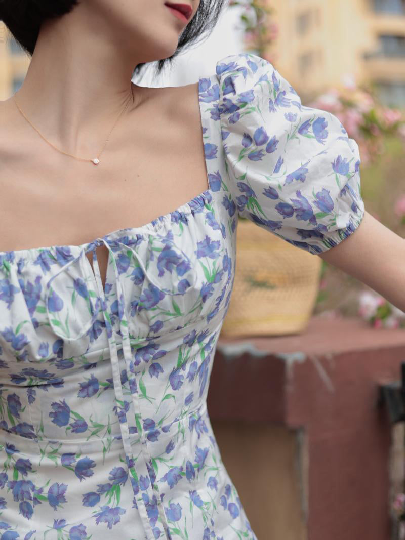 Blue Floral Pattern French Retro Dress