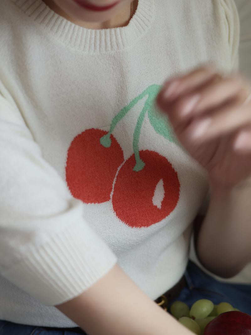 Knitted top with red cherry print