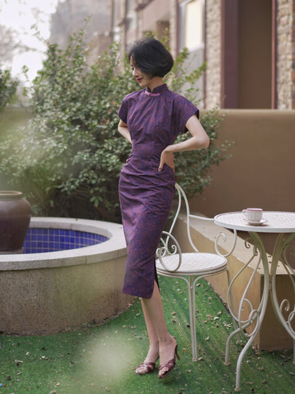 purple floral cheongsam dress