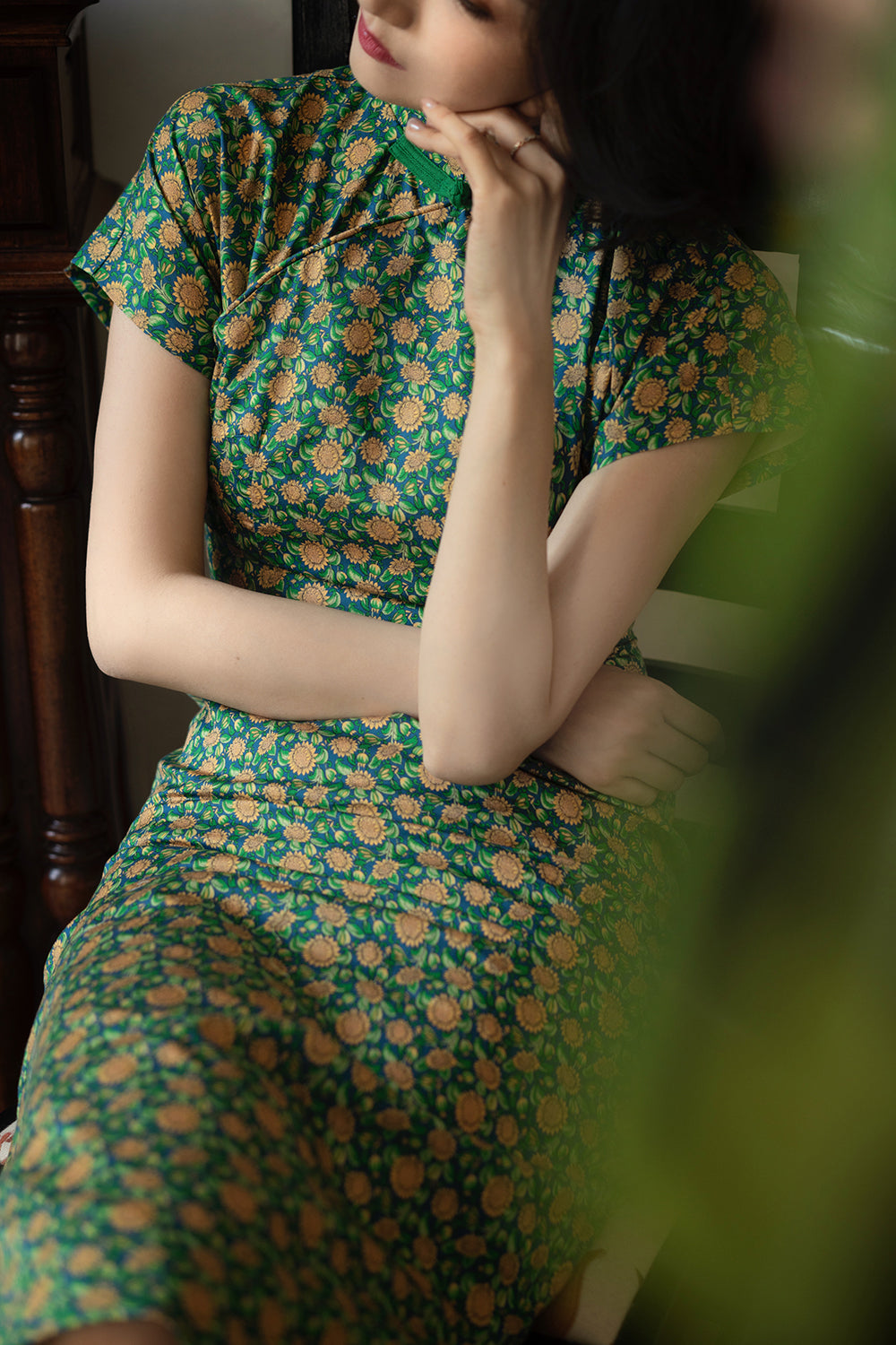 Deep green small sunflower cheongsam dress