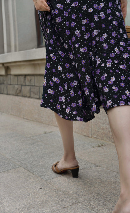 purple flower retro middle skirt